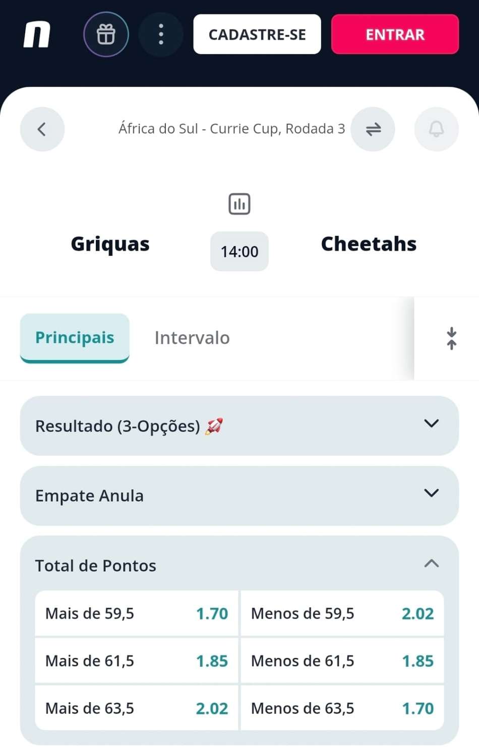 Captura de tela do mercado de apostas Total de Pontos na Novibet para os jogos de rugby.