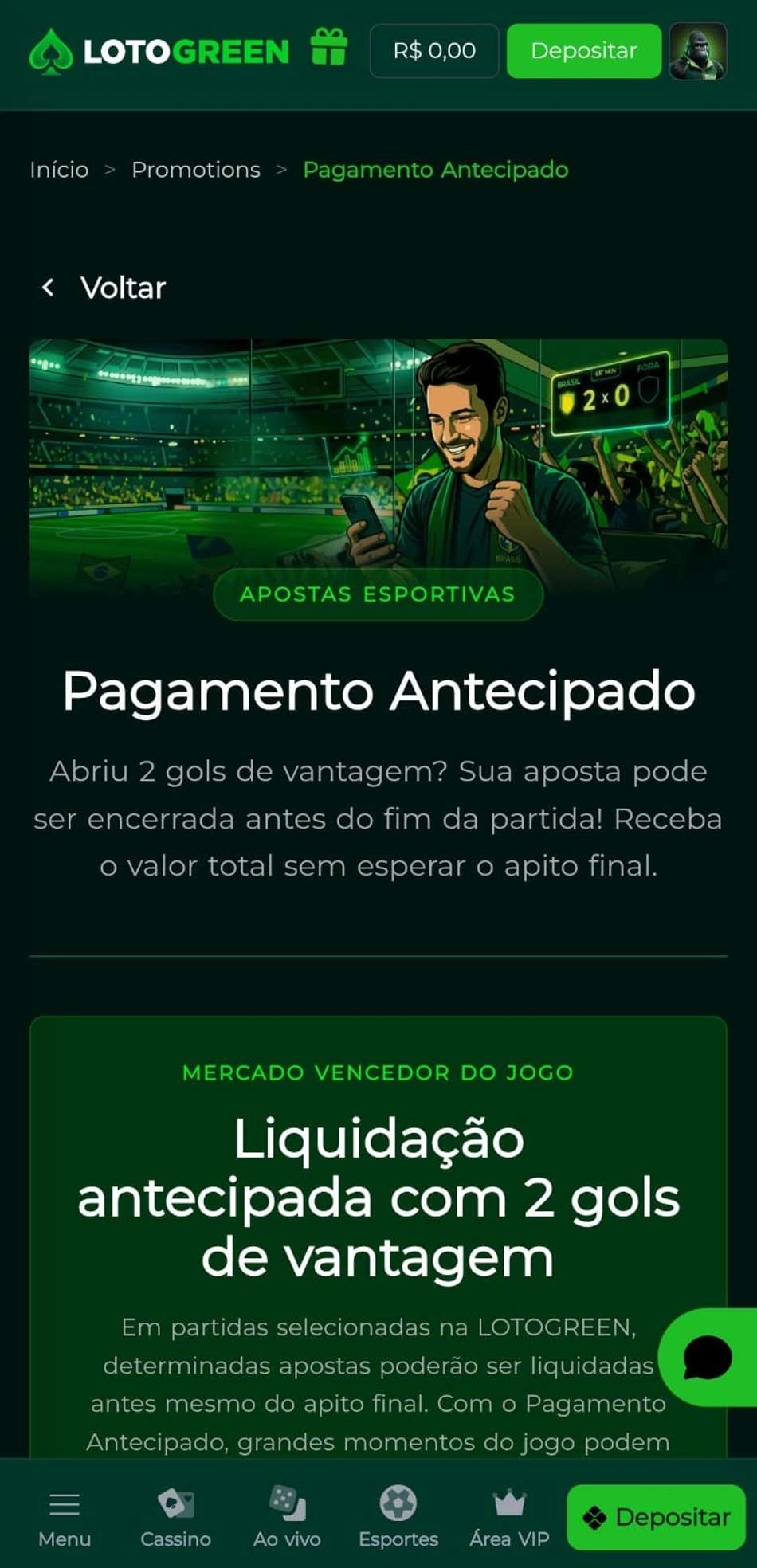 Captura de tela do recurso de Pagamento Antecipado da Lotogreen com os detalhes do funcionamento.