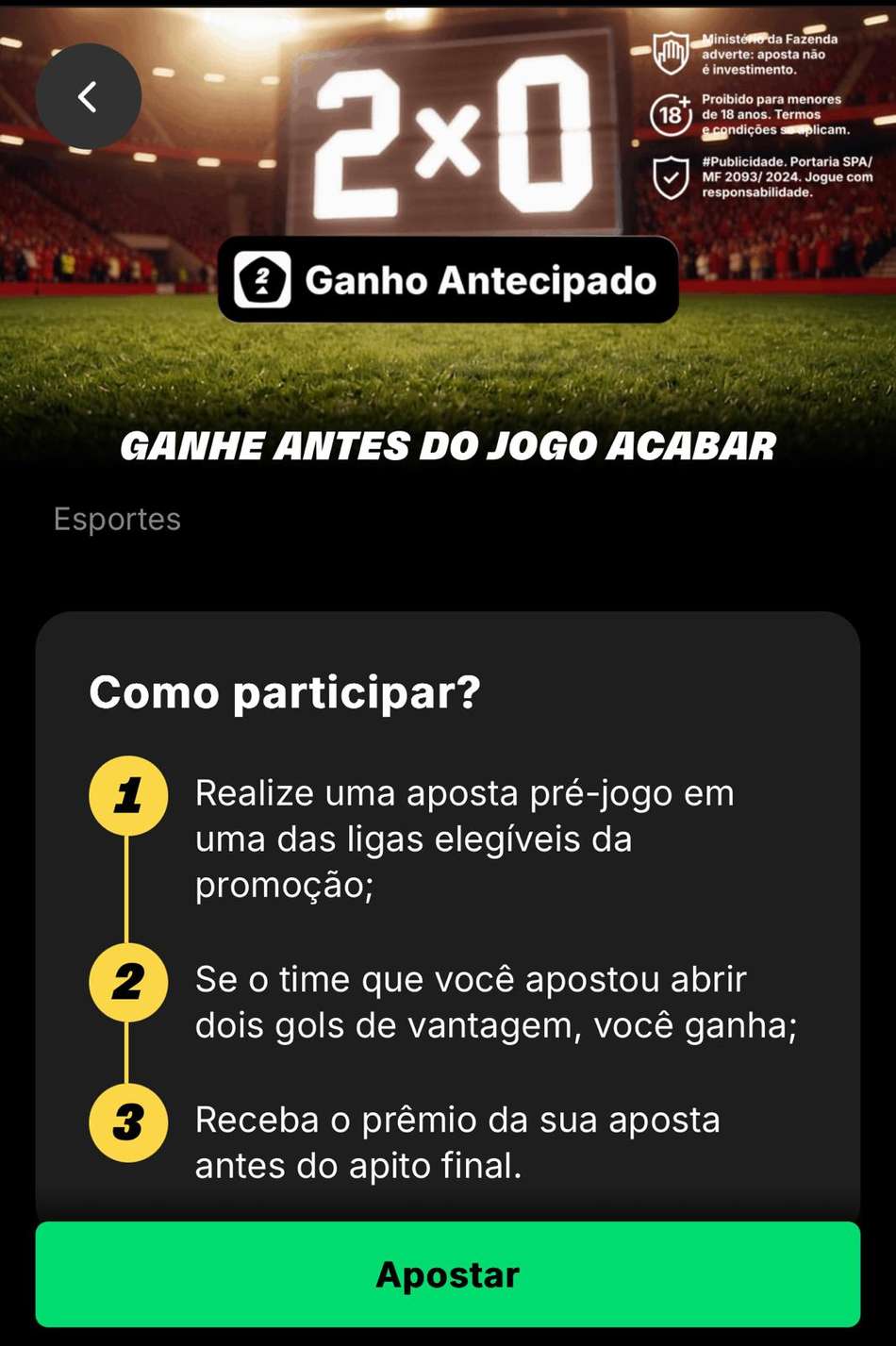 Captura de tela do bônus de Ganho Antecipado para o futebol na KTO.