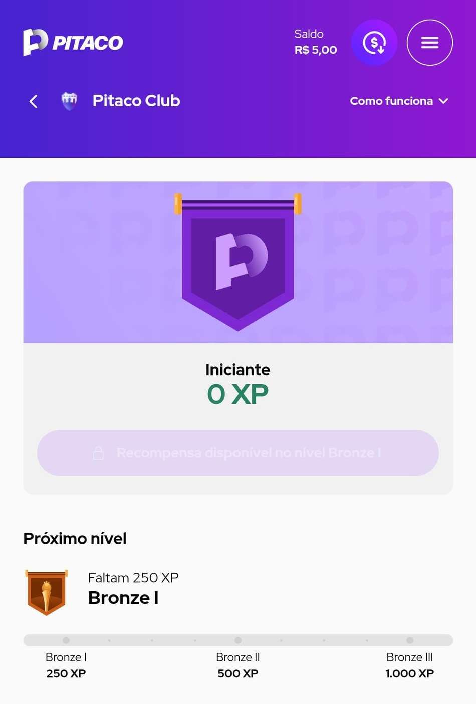 Captura de tela do programa de fidelidade Pitaco Club.