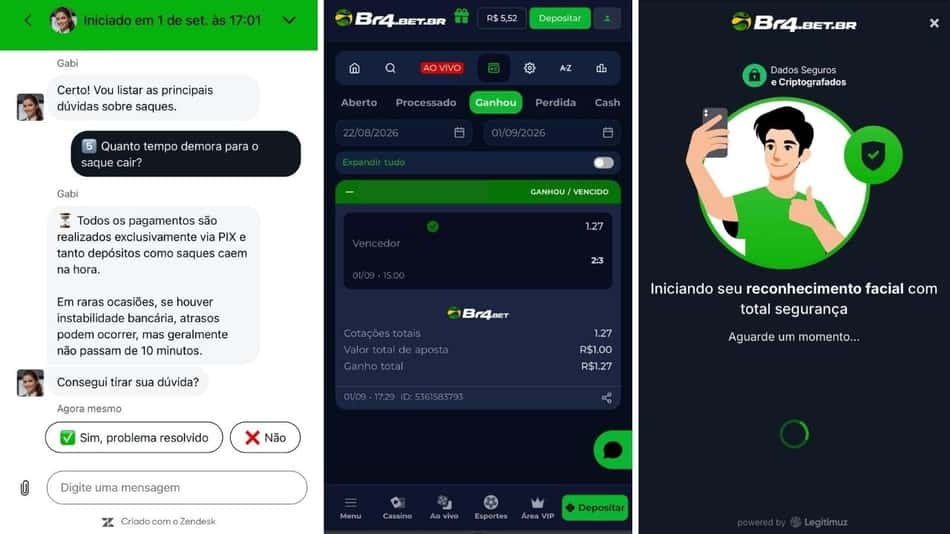 Arte com capturas de tela que mostram como fazer um saque na BR4BET.