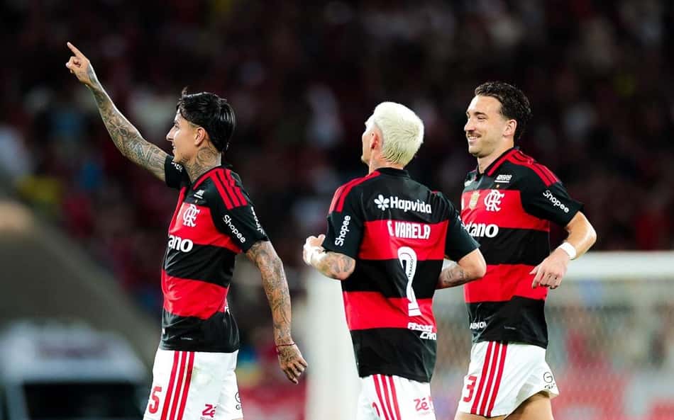 Pulgar comemora seu gol no jogo do Flamengo contra o Vitória pelo Brasileirão