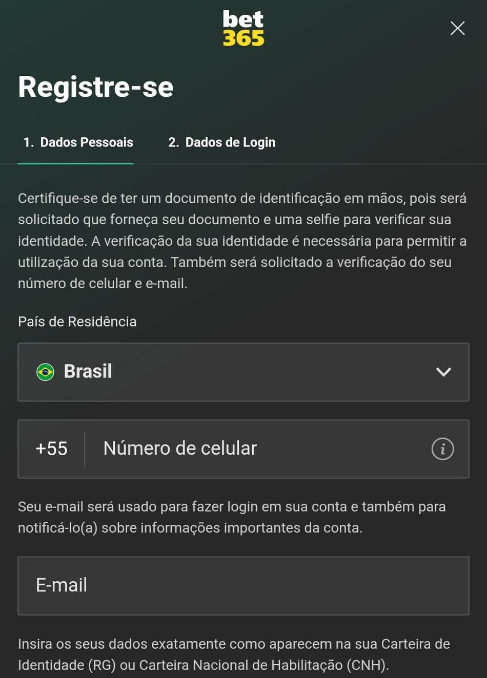 Captura de tela do cadastro da bet365.