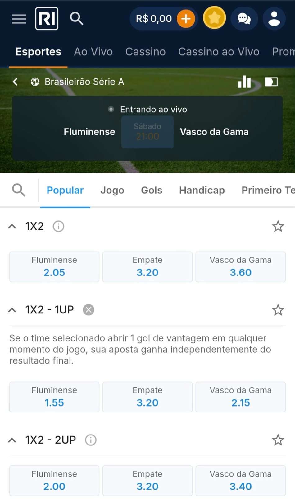 Captura de tela do recurso de Pagamento Antecipado com 1 gol de vantagem na Rivalo.