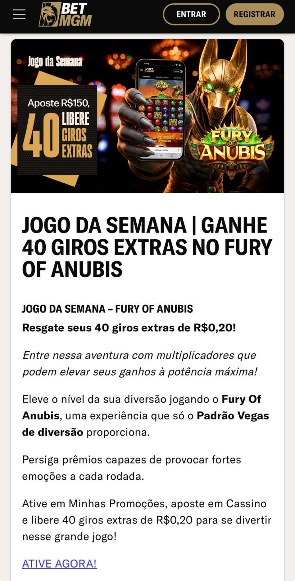 Captura de tela mostrando a campanha Jogo da Semana na BetMGM.
