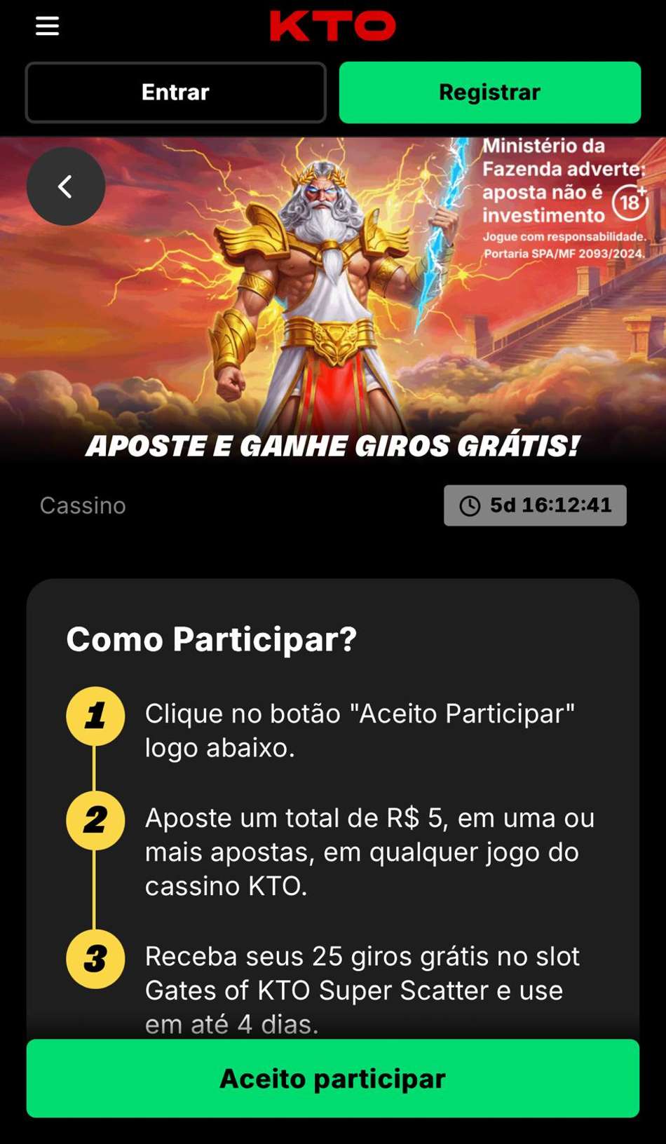 Captura de tela da campanha da KTO valendo giros grátis.