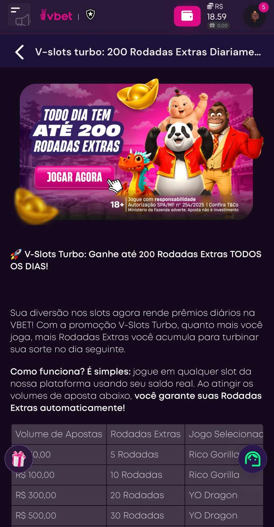 Captura de tela da campanha V-Slots Turbo, com rodadas grátis na Vbet.