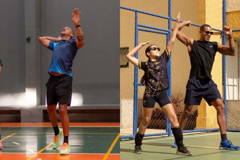 Colagem de fotos de Samuel Fuchs realizando movimentos de ataque durante suas aulas de vôlei