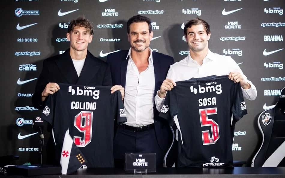 Sosa e Colidio ao lado de Admar Lopes em coletiva de apresentação