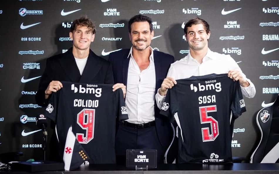 Sosa e Colidio ao lado de Admar Lopes em coletiva de apresentação