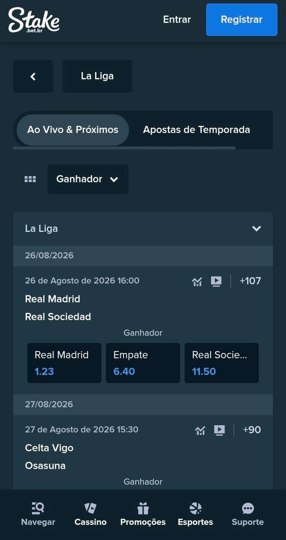 Captura de tela dos jogos da semana na Stake com odds e mercados para apostar na La Liga.