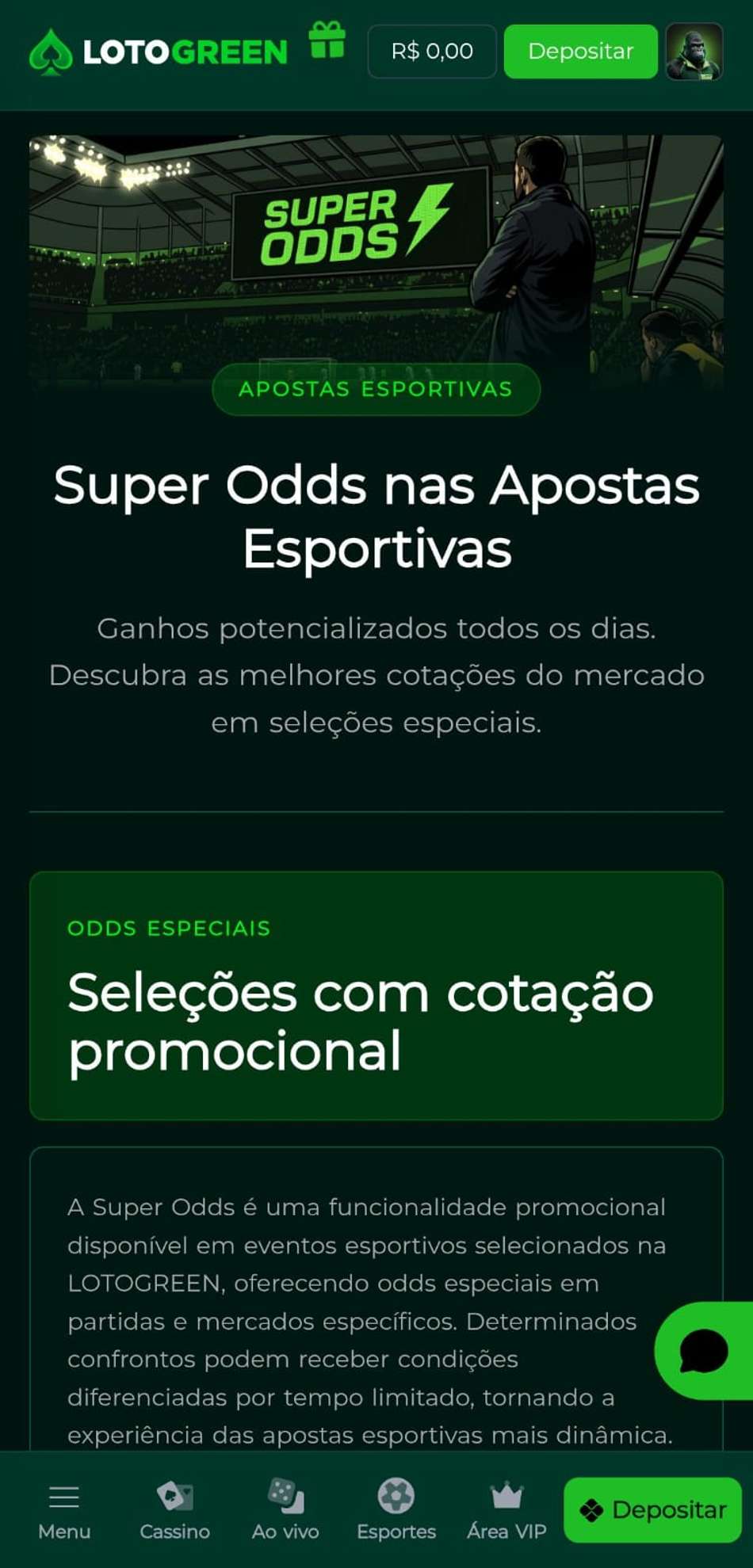 Captura de tela da oferta de Super Odds na Lotogreen.