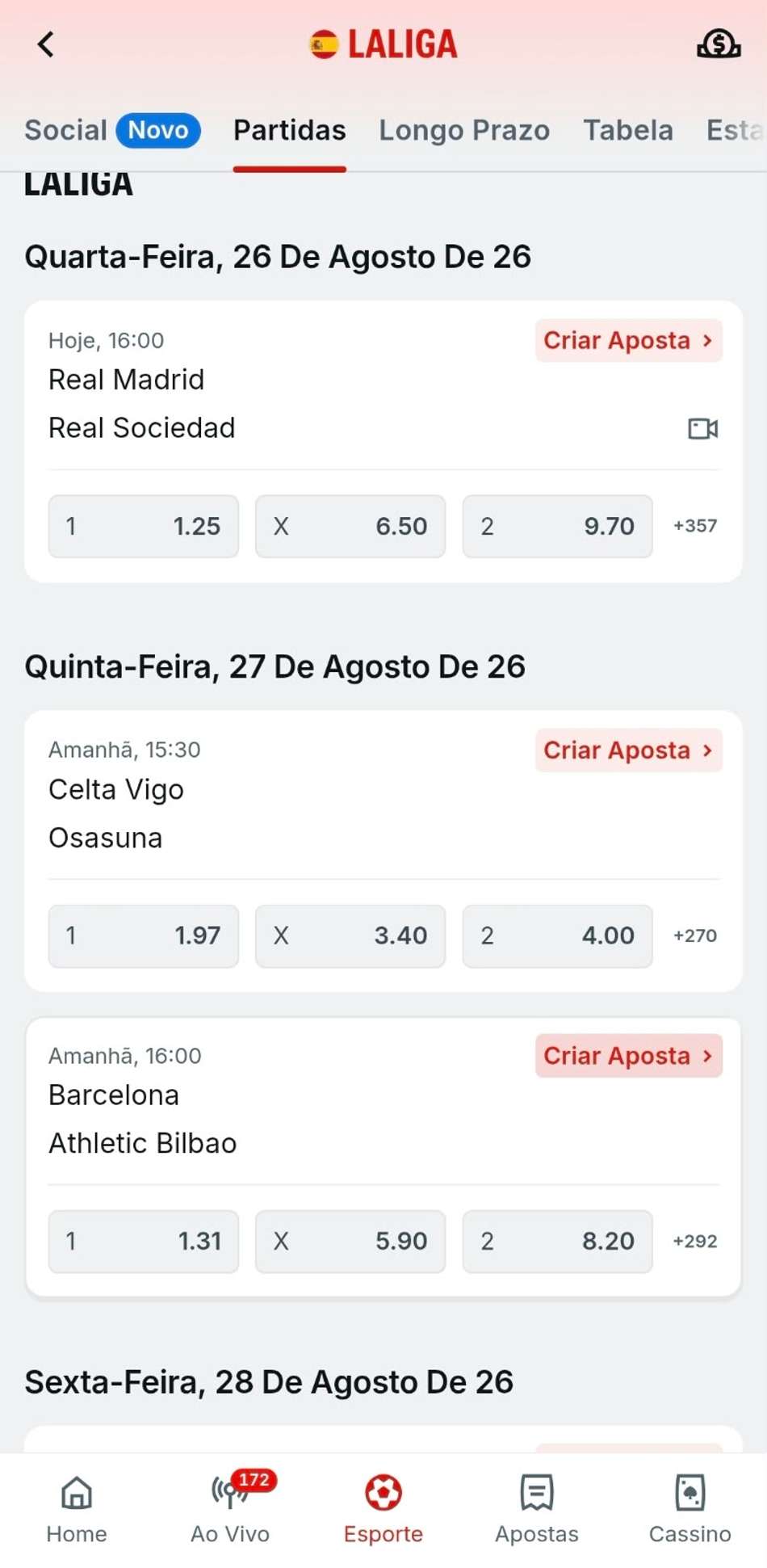 Captura de tela dos mercados de apostas e jogos da La Liga na Superbet.
