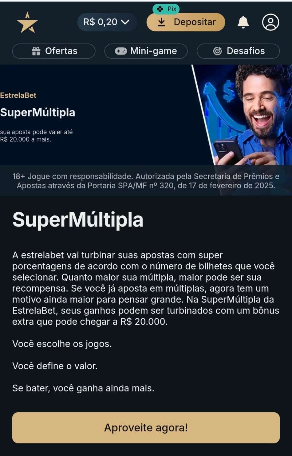 Captura de tela da campanha SuperMúltipla da Estrela Bet com os detalhes da promoção.