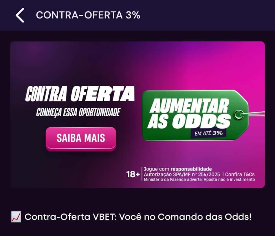 Captura de tela da campanha Contra Oferta, disponível no App da Vbet.