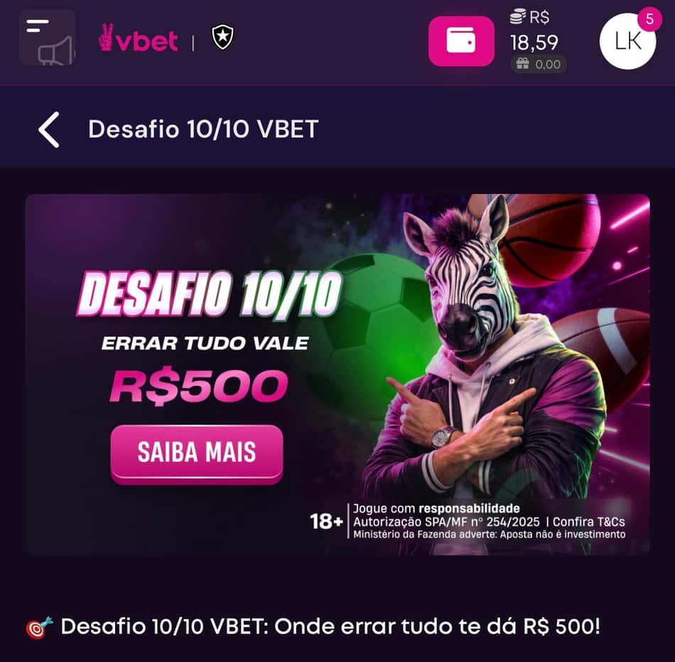 Captura de tela do Desafio 10/10, disponível no App da Vbet.