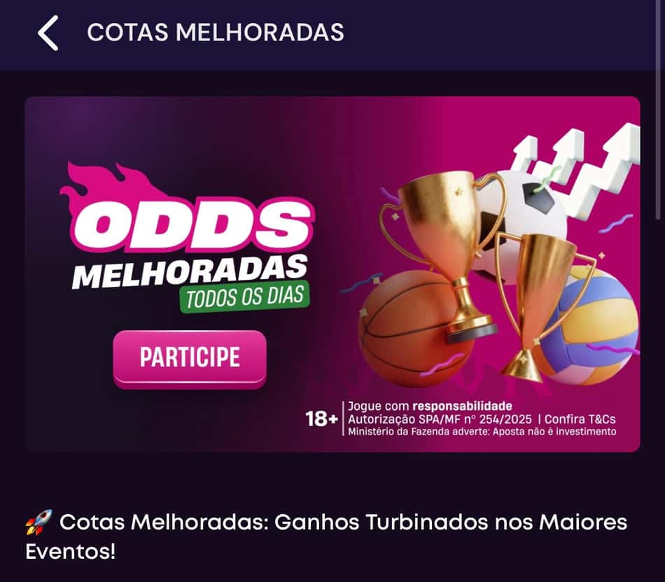 Captura de tela da campanha de Odds Melhoradas, disponível no App da Vbet.