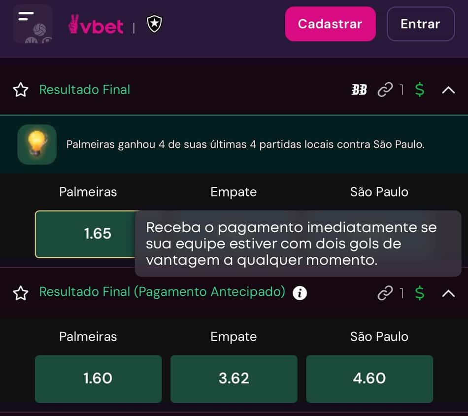 Captura de tela do Pagamento Antecipado no app da Vbet.