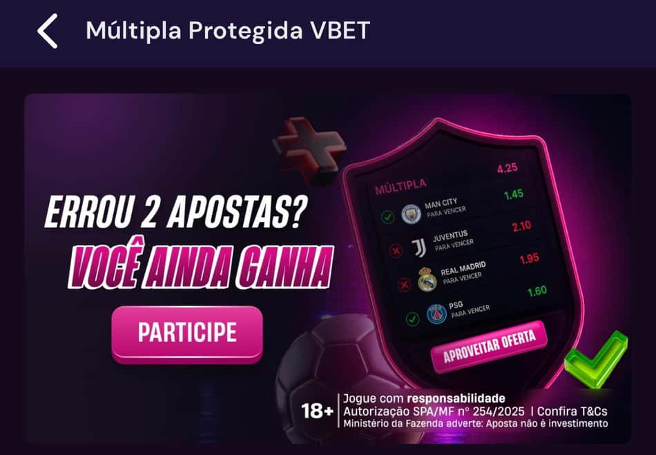 Captura de tela da Múltipla Protegida Vbet, válida para o App da Vbet.