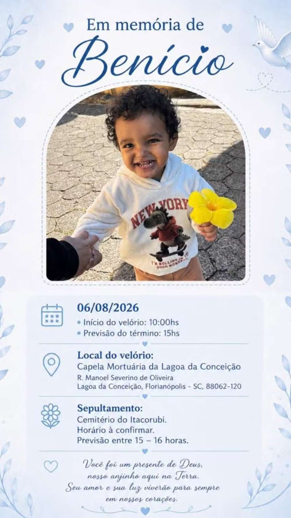 Arte com detalhes do velório de Benício, filho do jogador Gustavo Simões, do Ypiranga FC