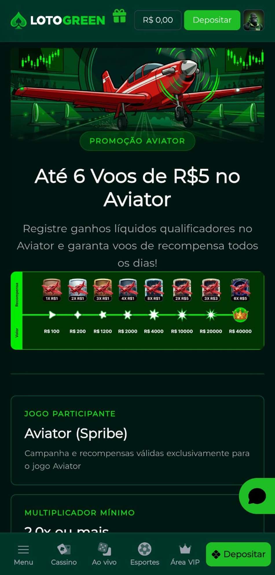 Captura de tela do bônus de voos grátis do Aviator da Lotogreen.