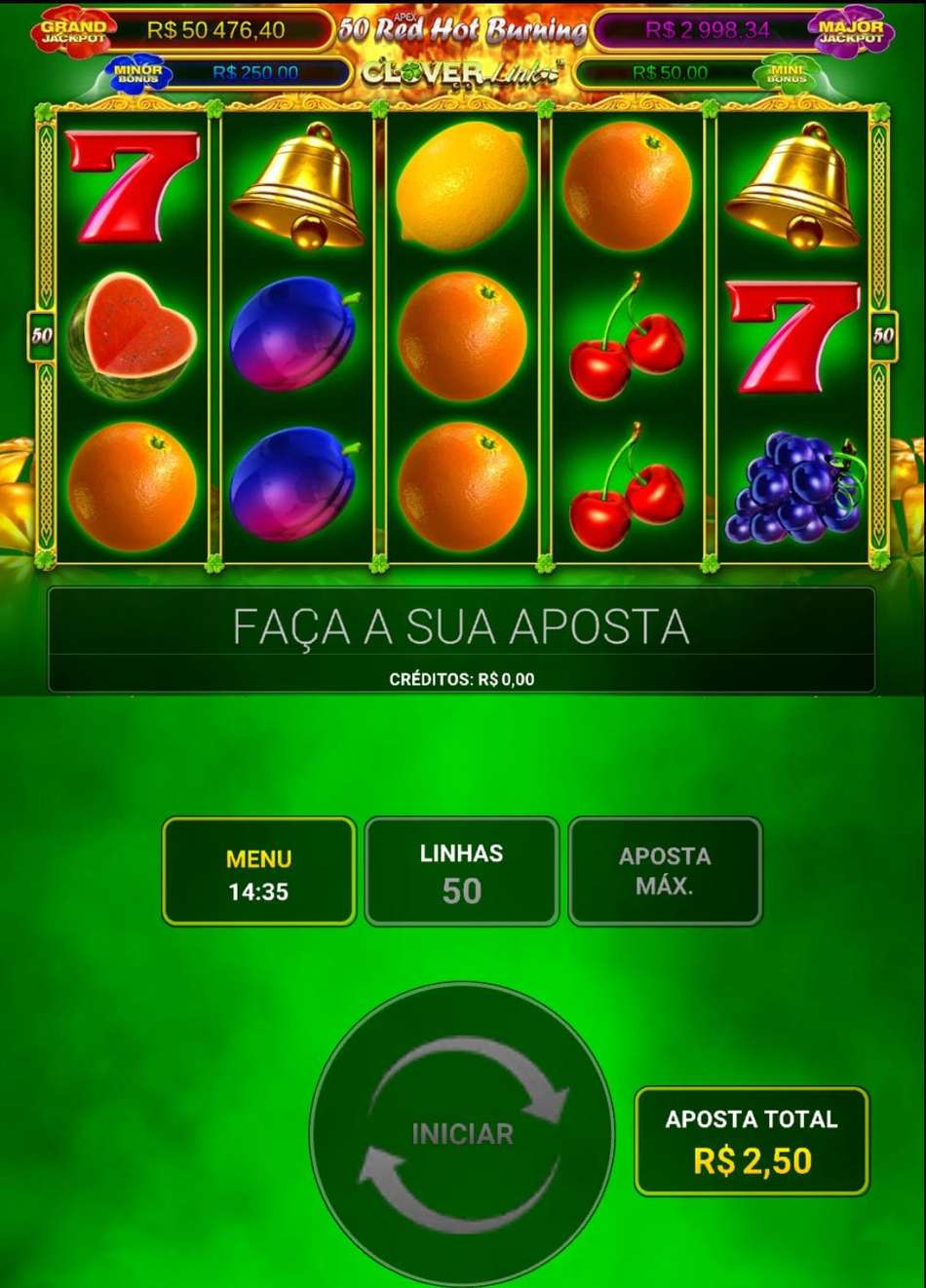 Captura de tela do slot 50 Red Hot Burning da bet365.