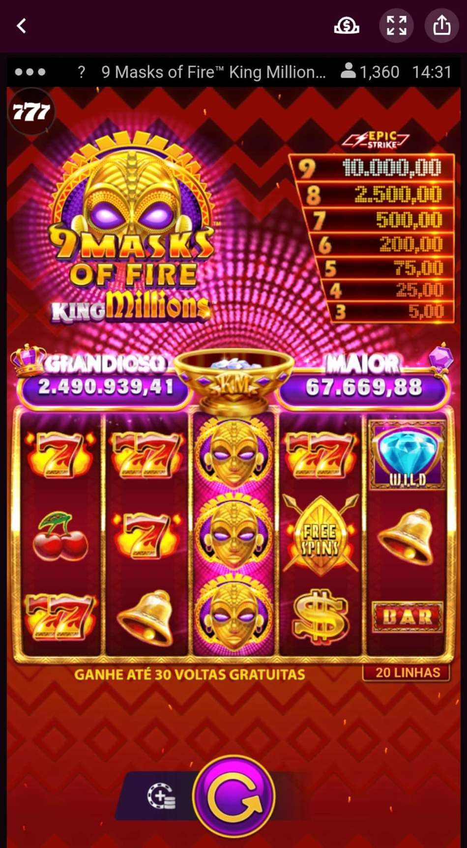Captura de tela do 9 Masks of Fire King Millions na Superbet.