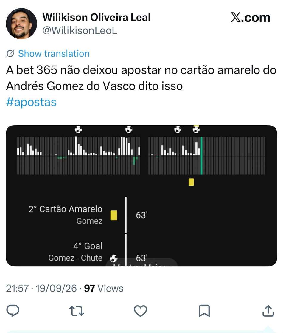 Bloqueio a apostas no cartão de Andrés Gomez gerou comentários nas redes (Reprodução X)