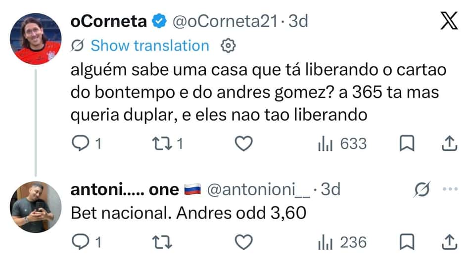 Usuários do X comentavam as odds atrativas na Betnacional para aposta no cartão amarelo de Andrés Gomez contra o Coritiba (Reprodução X)