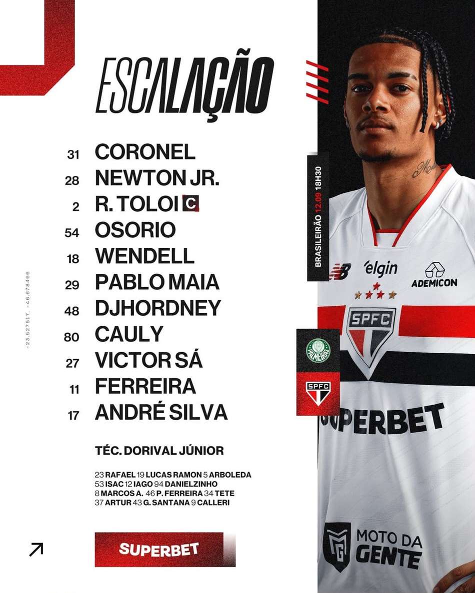 Escalação do São Paulo para o clássico contra o Palmeiras.