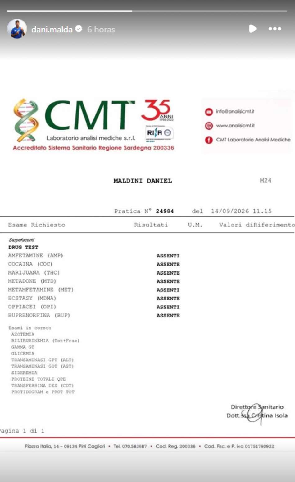 Exames do Daniel Maldini comprovando negativo para drogas