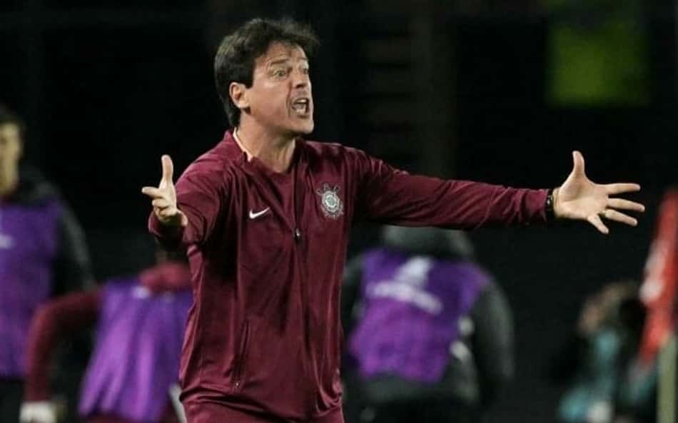 Fernando Diniz abre os braços na partida entre Corinthians e Estudiantes pela Libertadores