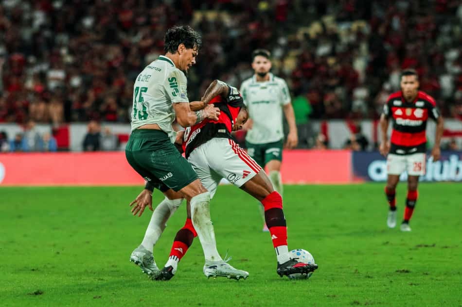 Jogadores de Palmeiras e Flamengo disputam a bola em confronto do Brasileirão realizado em maio