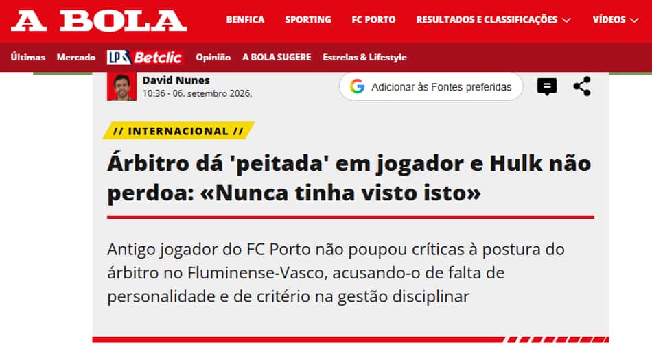 Jornal A Bola repercute lance em Fluminense x Vasco