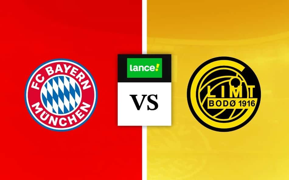 Escudos de Bayer de Munique x Bodo/Glimt com logo do Lance para palpite de futebol