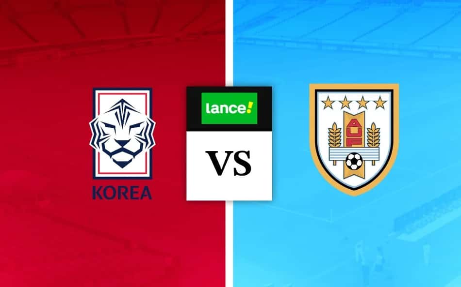 Escudos de Coreia do Sul x Uruguai com símbolo do Lance para palpites de futebol
