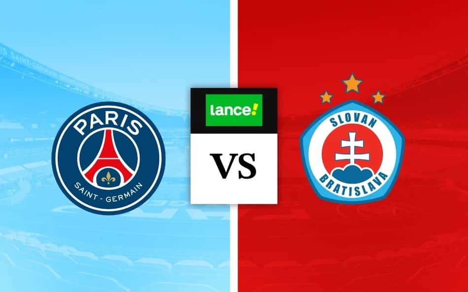 Escudos de PSG x Slovan Bratislava com logo do Lance! para palpite de futebol