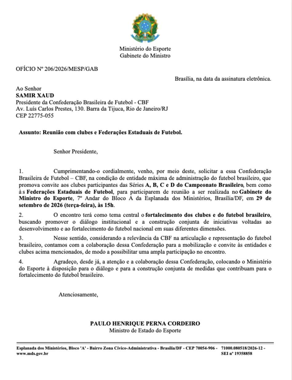 CBF recebeu ofício convocando clubes e federações para reunião no Ministério do Esporte nesta terça (Reprodução)
