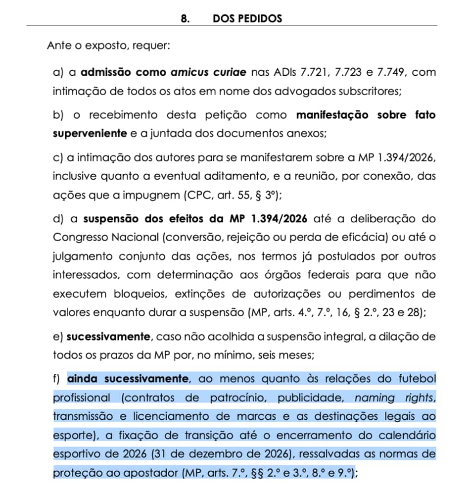 Petição do Sinafut contra MP das Bets no STF (Reprodução)