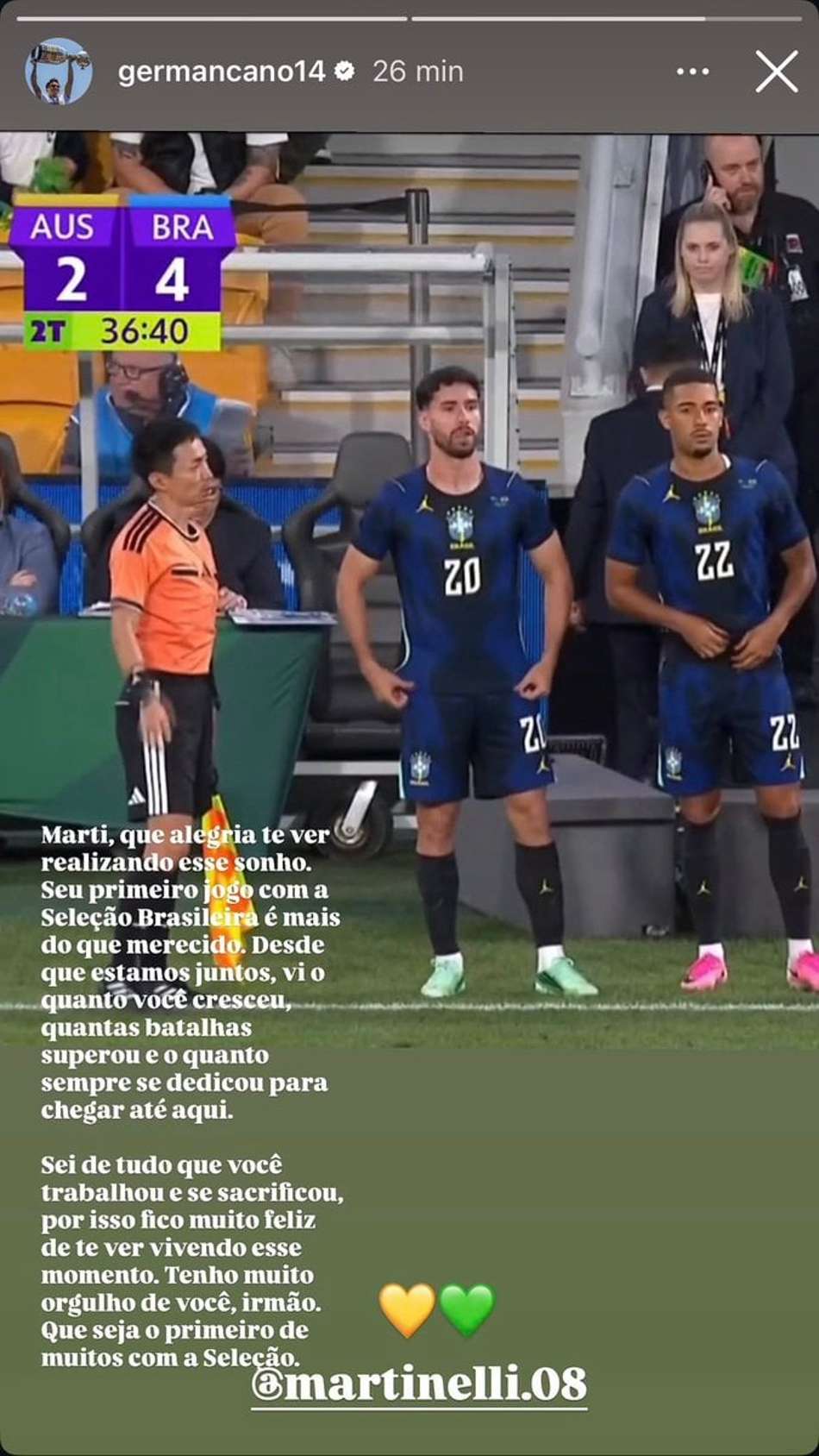 Mensagem do Cano para o Martinelli após partida da seleção brasileira