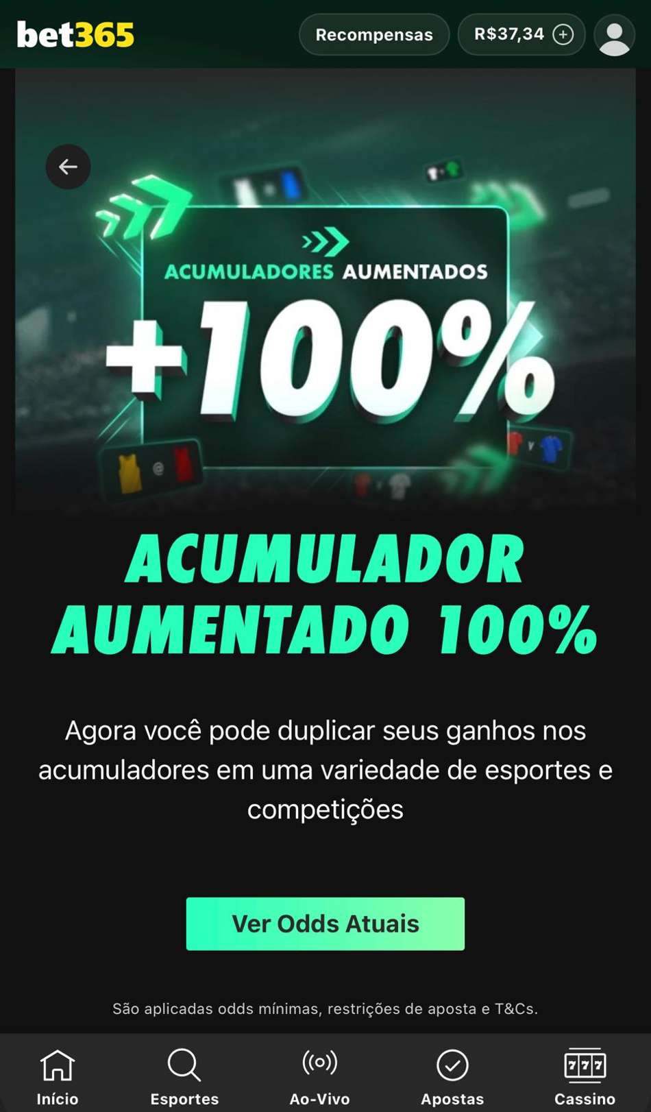 Captura de tela dos Acumuladores Aumentados da bet365.
