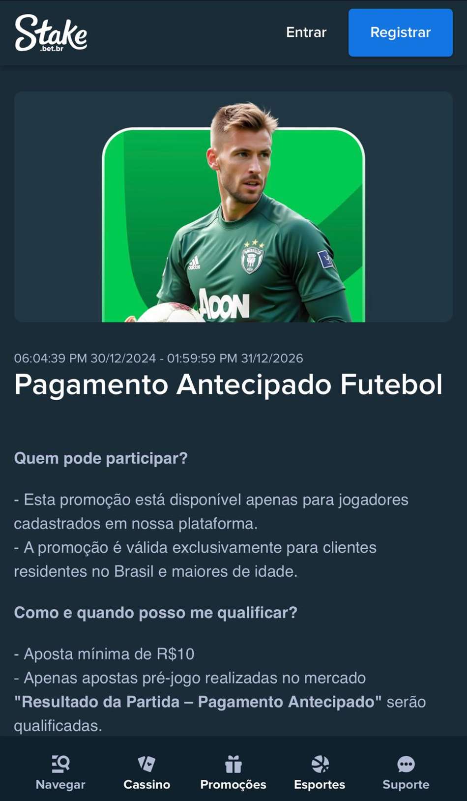 Captura de tela do Pagamento Antecipado na Stake.