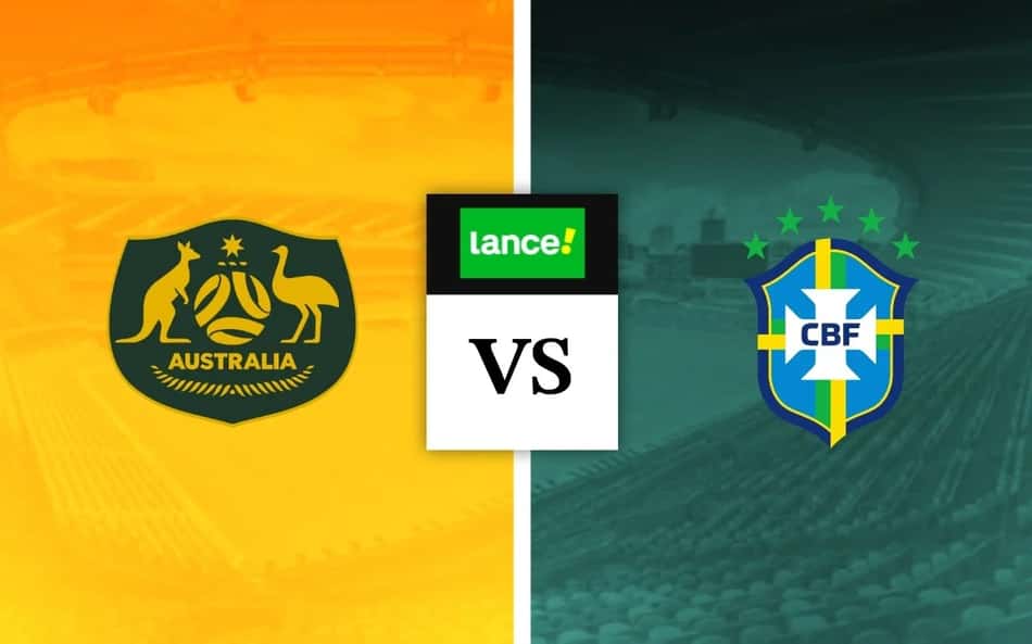 Escudos de Austrália x Brasil com símbolo do Lance para palpites de futebol