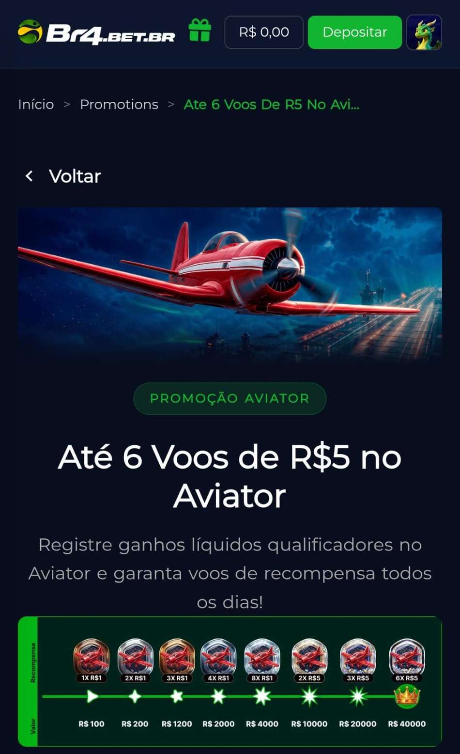 Captura de tela do bônus com voos grátis no Aviator do cassino BR4BET.
