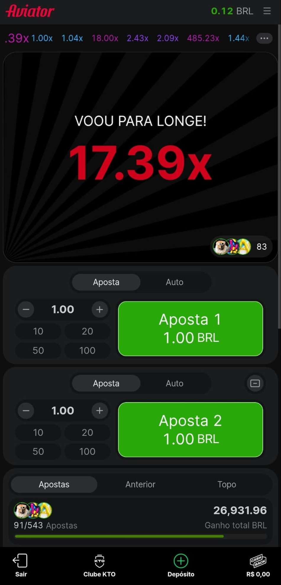 Captura de tela do Aviator com cashback na KTO.