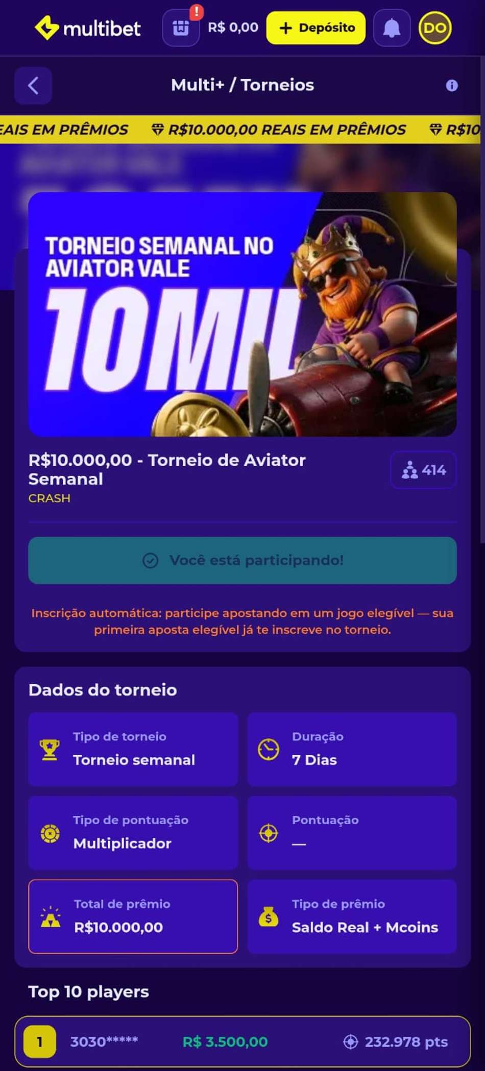 Captura de tela do torneio semanal no Aviator do cassino Multibet.