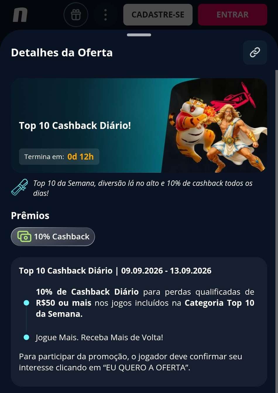 Captura de tela do bônus de cashback para o crash game Aviator na Novibet.