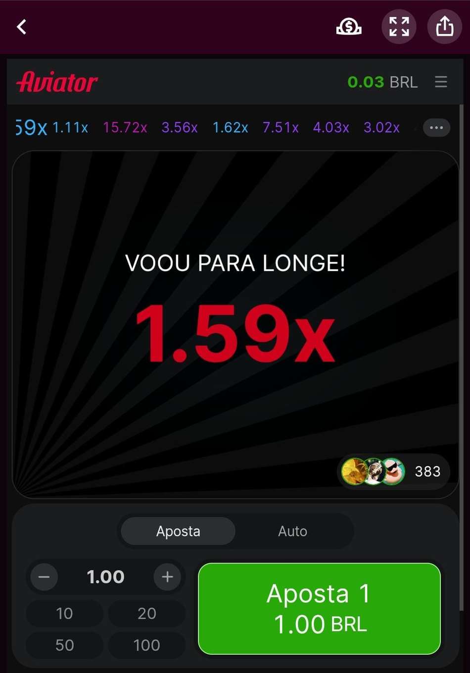 Captura de tela do Aviator no cassino Superbet.
