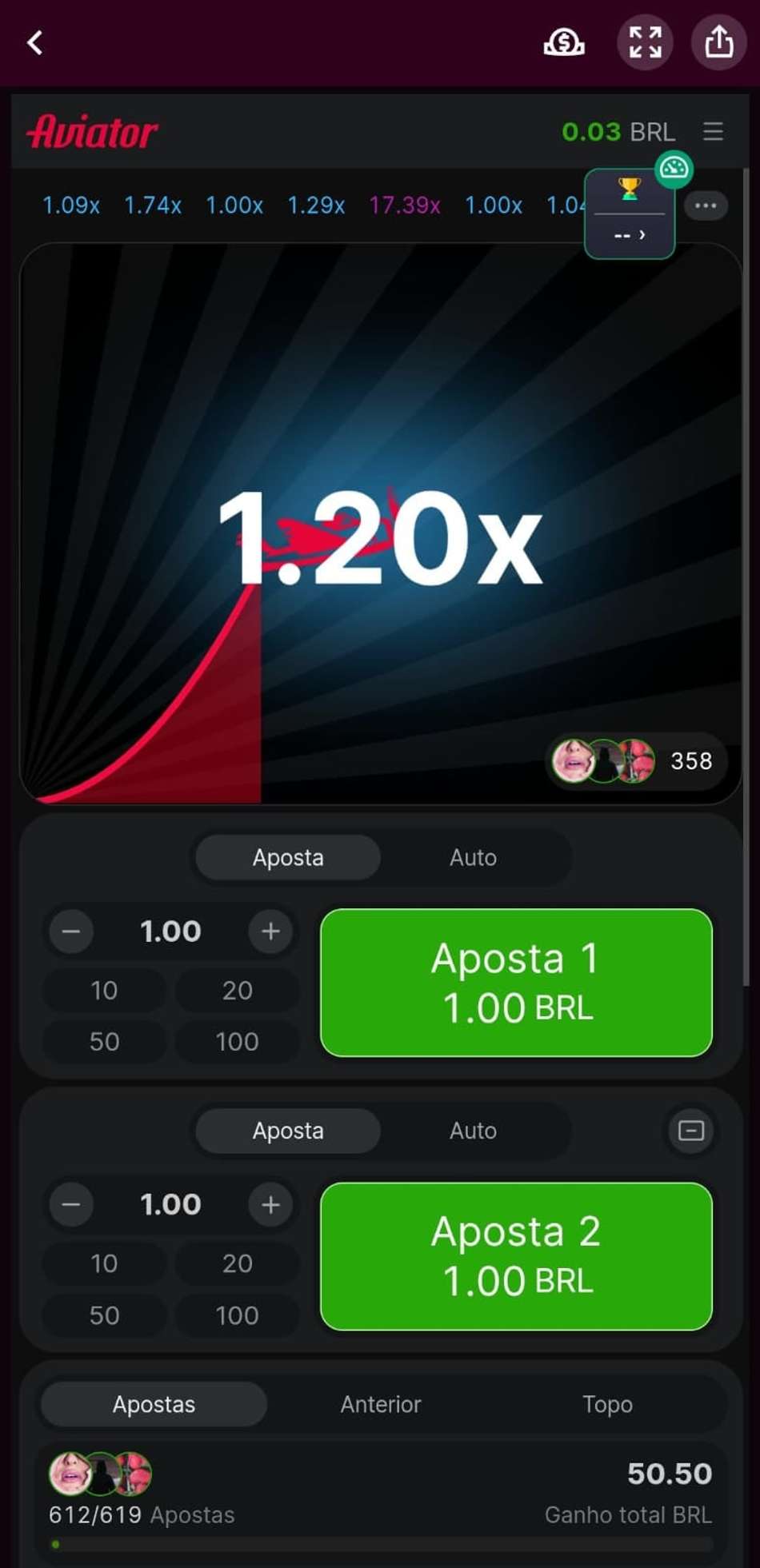 Captura de tela do Aviator no cassino Superbet.