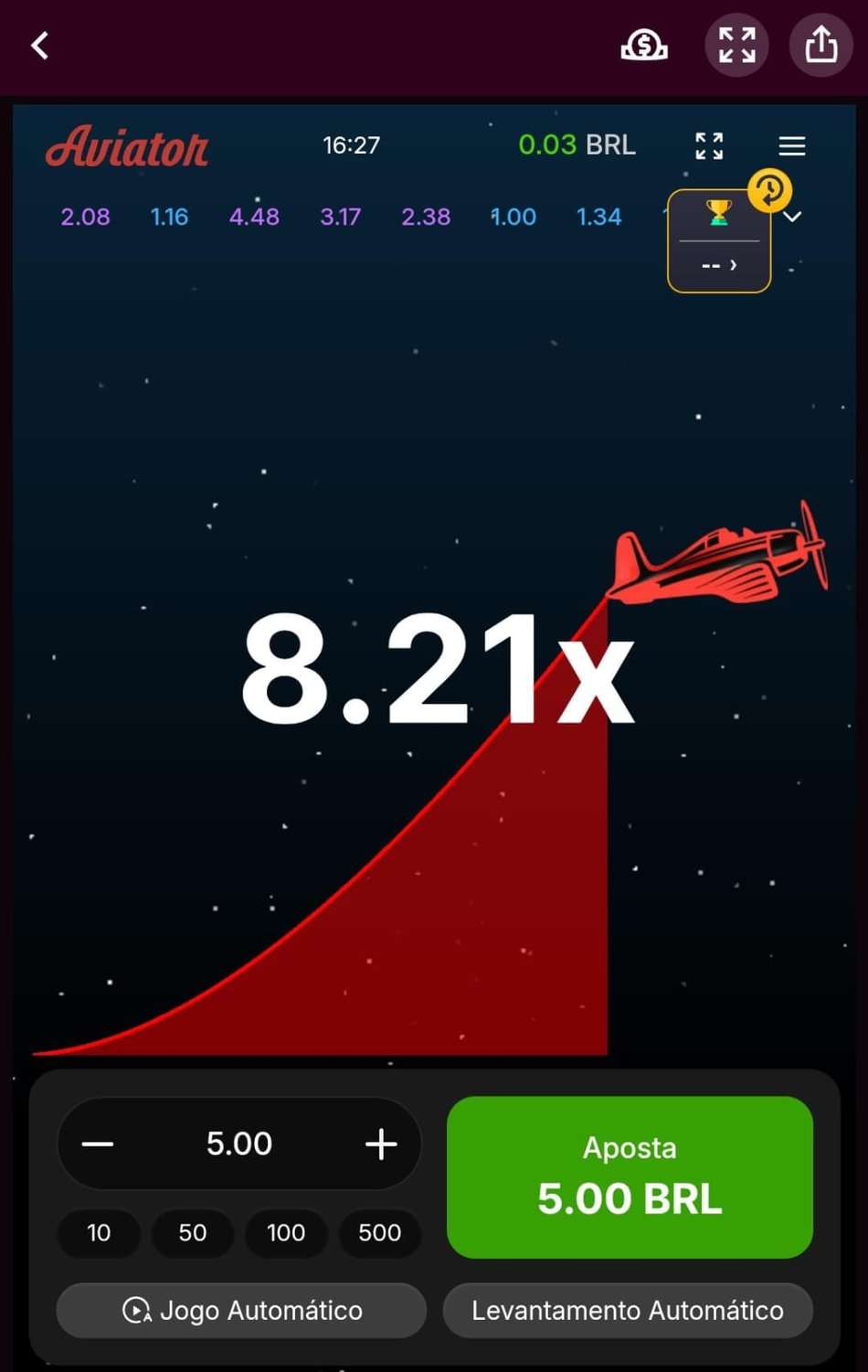 Captura de tela do crash game Aviator na Superbet.